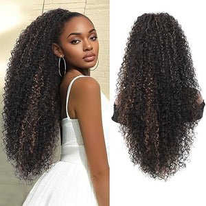 Kalyss Drawstring Ponytail for Black Women Deep Curly Ponytail Extension Synthetic Blended Afro Kinky Curly Pony Tail Hairpieces for Women 27 Inches£¨Brown Highlights£©
