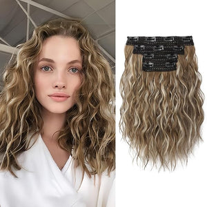REECHO Hair Extensions 4PCS Clip in Hair Extensions 12 Short Curly Wavy Brown Invisible Lace Weft Natural Soft Hairpieces for Women ? Ash Brown with Highlights