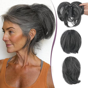 RUWISS Claw Clip Short Human Hair Ponytail Extension with Bendable Metals for DIY Styles Straight Messy Bun Hair Piece for Women Hairpieces for Daily Wear 9 Inch Dark Grey Mixed Jet Black