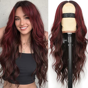 AISI HAIR Wig for Women Long Wavy Brown Mixed Red Lace Hairline Middle Part Synthetic Heat Resistant Wig for Daily Party-26 Inch
