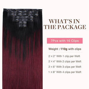 GOO GOO Clip in Hair Extensions Real Human Hair Remy Human Hair Extensions Clip ins for Women Natural Human Hair 16inch 110g 7 Pcs #1/99j Balayage Jet Black to Red Seamless Blend