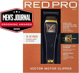 RED Pro X-King Cordless Hair Clipper for Men Hair Cutting Strong &amp Fast Vector Motor DLC Diamond Like Carbon Coated Blade Rechargeable USB-C Charging Cradle 6 Guards (Gold)