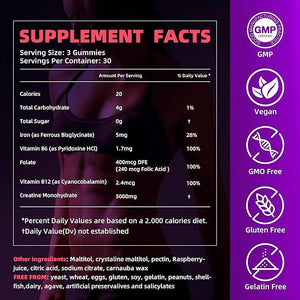Creatine Monohydrate Gummies 5000mg w/Iron Vitamin B6 &amp B12 Sugar Free 5g Creatine Supplements for Women - 90 Raspberry Gummies