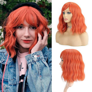 FAELBATY Short orange Wigs With Air Bangs Colorful wig Shoulder Length Women's Short Wig Curly Wavy Synthetic Cosplay Wig Orange Bob Wig for Girl Costume Wigs Orange Color 12
