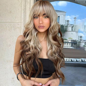 Lativ Ombre Blonde Brown Wig with Bangs Long Wavy Curly Wig with Brown End Heat Resistant Fiber Wig for Women Daily Use 26 Inches