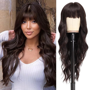 NAYOO Brown Wigs with Bangs for Women Long Curly Wavy Hair Wigs Heat Resistant Synthetic Fiber Wigs for Daily Party Use 26 Inches (Dark Brown)