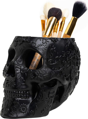 Skull Makeup Brush Holder Pen Holder Vanity Desk Office Organizer Stationary Decor Planter  Candy Bowl  Goth Decorations  Extra Large Skulls Gothic Skull &amp Bones Organizer Bathroom (Blac