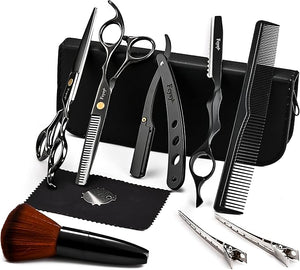 Hair Cutting Scissors Thinning Shears Kit for Haircutting, Fcysy Professional Barber Scissors Set, Black Haircut Scissor Blending Shears Straight Edge Razor Barber Supplies for Men Women
