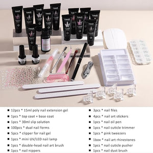 Poly Nail Gel Kit with UV Light, 12 Colors Clear Nude Pink Iridescent Glitter Extension Gel Builder Gel Starter Kit Base Top Coat Set Slip Solution Nail Gel Kit for Beginners with Everything