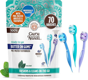GuruNanda Ready-to-Go Disposable Mini Travel Toothbrushes - Butter on Gums Softex Bristles, Pre-Pasted Toothbrush &amp; Toothpick - Fluoride-Free, No Rinsing Needed, 70 Ct