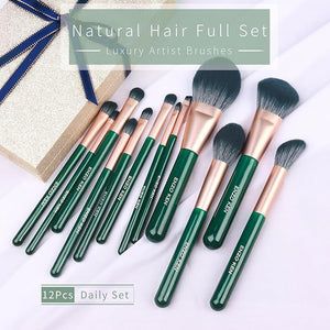 Natural Fiber &amp; Goat Hair Makeup Brush Set Professional, Combined Hair Makeup Brushes Set with Case by Luxury ENZO KEN, Emerald Green Cosmetic Brushes Makeup Set, Natural Bristle Makeup Brushes.