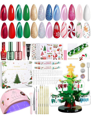 Beetles 67Pcs Gel Nail Kit Crystal Christmas Gifts for Women Teen Girls - 12 Colors Cat Eye Red Glitter Gel Polish Kit with U V Light &amp; Nails Stand Acrylic Holder Display Nails Stuff Manicure Set