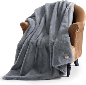 UGG Euphoria Plush Faux Fur Throw Blanket Oversized Soft Throw for Couch or Bed Luxury Home Decor Giftable Christmas Blankets Machine Washable 50-inch x 70-inch Chambray Blue Grey
