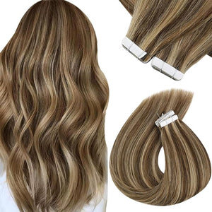 Sunny Hair Tape in Hair Extensions Human Hair 12 Inch Hair Extensions Real Human Hair Tape in Extensions for Women Medium Brown Highlights Caramel Blonde Remy Hair Straight Skin Weft 40pcs 60g