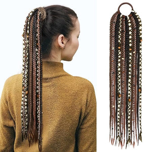 SEIKEA Boho Braided Ponytail Extension with Hair Tie 24 Long Viking Dreadlock Beads Ponytail Hand-braided Braids Hair Extensions Lightweight Natural Synthetic Hairpiece for Festival Cosplay Brown