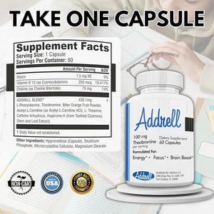 Addrell Energy Stimulant Pills- Natural Nootropic Brain Supplement Alternative Pill &amp Study Supplements Substitute to Elevate Mental Clarity for Women &amp Men OTC- 60 Mind Booster Capsules