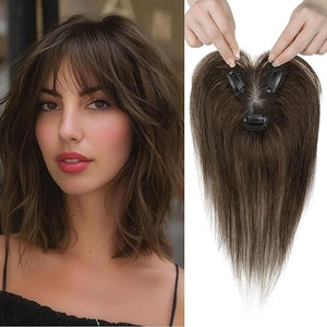 REECHO Hair Toppers for Women Real Human Hair Seamless Human Hair Toppers with Bangs 360¡Æ 3D Cover Clip in Bangs Hair Extensions for Daily Wear Dark Chocolate Brown