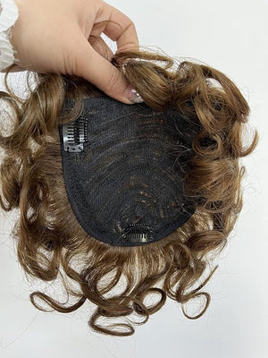 Short Curly Real Human Hair Topper with Front Bangs for WomenBreathable Wiglets Hairpieces 5.1x5.5 Large Coverage Women Toupee Clip in Top Wavy Hair Pieces Topper(10Light Brown)