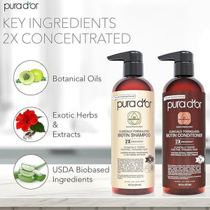 PURA D'OR Clinically Formulated Biotin Shampoo &amp Conditioner For Hair Thinning - 2X Concentrated Proprietary Herbal Blend Thickening Products For Women &amp Men Sulfate Free 16oz x2