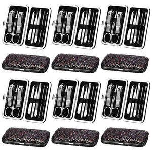 Geosar 12 Set Christmas 8 in 1 Manicure Set Christmas Stainless Steel Nail Clippers Kit Pedicure Care Tools with Leather Case Travel Grooming Kit Gift for Women Men(Glitter Dark Red)