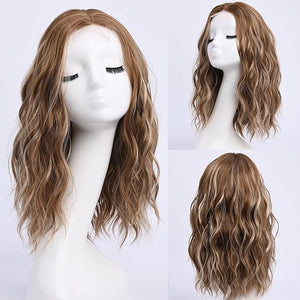 Medium Length Light Brown with Hightlight Wavy Wigs for Women 18 Inch Middle Part Wavy Brown Wig Natural Looking Synthetic Heat Resistant Fiber Wig for Daily Party Halloween (18 inch)