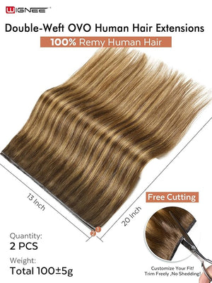 WIGNEE 20 Inch Double Invisible PU OVO Human Hair Extensions 100% Remy Human Hair Weft Highlight Honey Blonde Hair Extensions Human Hair 2PCS Glueless Wefts Micro Beads Hair Extension (T4/27)