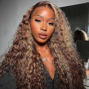 Juvid Highlight Ombre 13x6 Lace Front Wigs Human Hair 4/27 Honey Blonde Deep Wave Curly Human Hair Wig HD Transparent Frontal 180% Density Glueless Wig 24inch for Black Women Pre Plucked Hairline