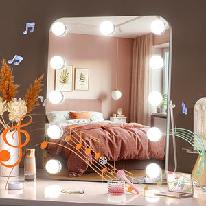 MINISO Vanity Mirror with Lights and Bluetooth Speaker- 10.6 x 13.8 Hollywood Makeup Mirror with 3 Color Lights Smart Touch Control Rounded Rectangle White Frame