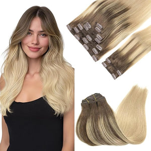 GOO GOO Clip in Hair Extensions Real Human Hair Remy Human Hair Extensions Clip ins for Women Natural Human Hair 18inch 150g 9Pcs 4/18 Balayage Chocolate Brown Highlighted Dirty Blonde