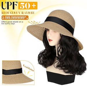 Sun Hat with Hair Extensions Hat Wig UPF 50+ Foldable Wide Brim Straw Beach Hat Attached 9 Wavy Hairpiece Synthetic for Women Summer Dark Brown
