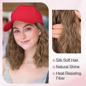 SEGO Baseball Cap with Hair Extensions for Women Heat Resistant Synthetic 8 Inch Adjustable Long Wavy Hairpiece Replacement Wigs in Red Hat for GirlsP10R