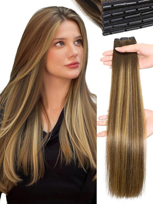 WIGNEE Double Invisible OVO Balayage Hair Extension Genius Invisible Weft with Holes 18 Inch Highlight Honey Blonde Remy Human Hair Extension Sew ins Straight Extension Hair Weaves 5 PCS 100g (T4/27)