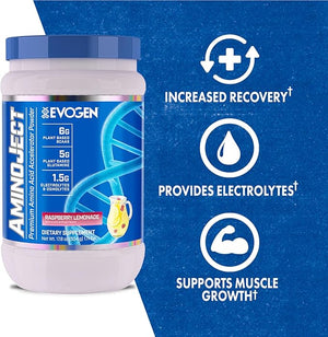 Evogen AminoJect - Premium BCAA Powder &amp EAA Recovery Formula with Electrolytes | Amino Acids Supplement for Muscle Growth Hydration &amp Recovery | Raspberry Lemonade | 30 Servings