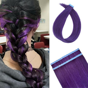 Invisible Tape in Hair Extensions Human Hair 22Inch Long Mini Purple Hair Extensions Tape Ins Highlighted Remy Hair 10Pcs for Cosplay