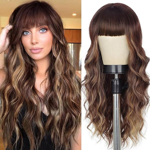 Lativ Brown Wig With Bangs Long Wavy Brown Mixed Blonde Highlight Wig with Dark Roots Ombre Natural Curly Synthetic Resistant Fiber Wigs for Women Daily Party Use 26 Inches