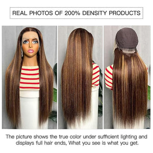 IWISH Ombre Lace Front Wig Human Hair 22 Inches 200% Density 13x6 Straight Highlight Lace Frontal Human Hair Wigs P4/27 Colored Wigs for Women