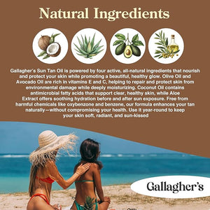 Gallagher's Natural Sun Tan Oil with Aloe, Olive, Coconut and Avocado Oil. 8 oz