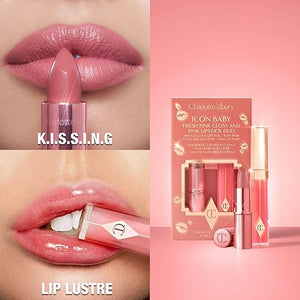 Charlotte Tilbury Icon Baby Lip Duo Kit - Mini K.I.S.S.I.N.G Satin Shimmer Lipstick &amp; Full Size Hall of Fame High Shine Gloss Set - Hydrating Long Lasting Makeup Duo for On-the-Go Glossy Shine