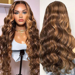 Lemoda 13x4 SKINLIKE Real HD Lace Frontal Wig 180 Density Highlight Ombre Lace Front Wig Human Hair Body Wave 0.10mm Ultra-thin Invisible Swiss HD Lace 15A Honey Blonde Wig 4/27 Color 36 Inch