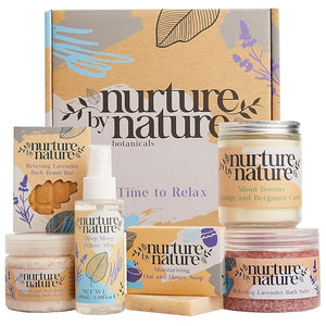 NURTURE BY NATURE Relax &amp Calm Christmas Gift Basket ? Spa Gifts for Women with Bath Bomb Hand Cream Lavender Pillow Mist &amp Scented Candle - Vegan - Stocking Stuffers Holiday Gifts Gifts f