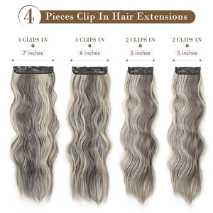 REECHO Hair Extensions 4PCS Clip in Hair Extensions HE001 Natural Soft Synthetic Hairpieces for Women Ash Brown with Platinum Blonde Highlights