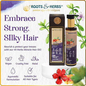 ROOTS AND HERBS Ayurvedic Oil - 49 Herbs with Bhringraj Hibiscus Flower Brahmi Jatamansi &amp Triphala for Stronger Straight Wavy &amp Curly Hair - Hair Food Oil &amp Scalp Serum - 6.76oz
