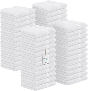 Avalon Towels Cotton Washcloths ? (Pack of 48) Size 12x12 Inches 100% Ring Spun Cotton Soft &amp Absorbent Face Towels Gym Towels Hotel and Spa Quality Reusable Fingertip Towels (White)