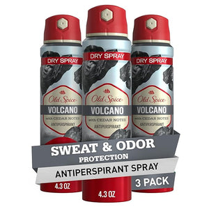 Old Spice Dry Spray Antiperspirant Deodorant for Men, 24/7 Freshness, 24/7 Sweat &amp; Odor Protection, Gentle on Skin with Skin Conditioners, Volcano with Dark Cedar + Amber, 4.3 oz (Pack of 3)