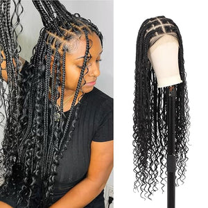 Kalyss HD Full Lace Boho Braided Wigs for Women 360 Lace Front Box Braided Wigs with Baby Hair Black Premium Synthetic Knotless Braid Wig 36"