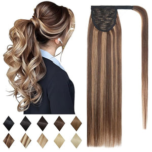 SEGO Ponytail Extension Human Hair Real Human Hair Clip In Wrap Around Long Straight Ponytail With Magic Paste Pony Hairpieces for Women -14 Inch 80g 4P27 Medium Brown&ampDark Blonde