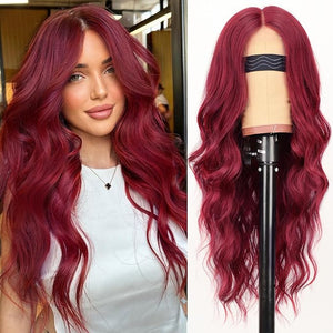 AISI HAIR Bright Red Wig for Women Long Wavy Lace Hairline Middle Part Synthetic Heat Resistant Wig for Daily Party-26 Inch