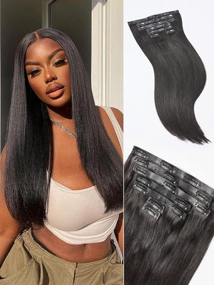 LUVME Yaki Straight Seamless 110g 7Pcs Clip in Hair Extensions Full Max with 16inch Remy Human Hair Extensions Natural Black 100% Real Soft Hair