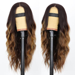 AISI HAIR Long Wavy Brown with Blonde Highlight Lace Hairline Wigs for Women Middle Part Synthetic Heat Resistant Wig for Daily Party-26 Inch