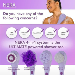 Spa Sciences - NERA - 4-in-1 Shower/Bath Body Brush for Exfoliation Deep Cleansing Foot Care Lotion Infuser and Massage